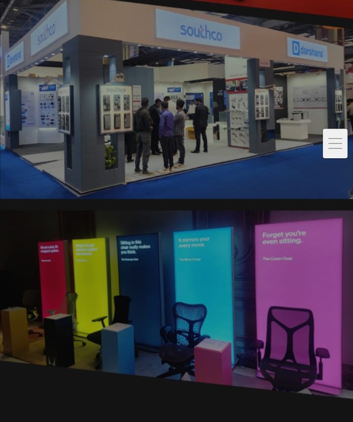 Industrial expo stall built out with printed panels and display graphics.